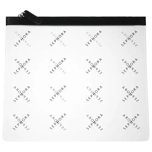 Clear reusable travel bag with Sephora logo stamped across the front and back
